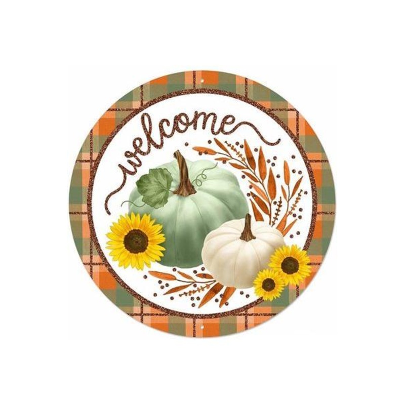 12″ Metal Sign: Glitter Welcome Pumpkins Sage