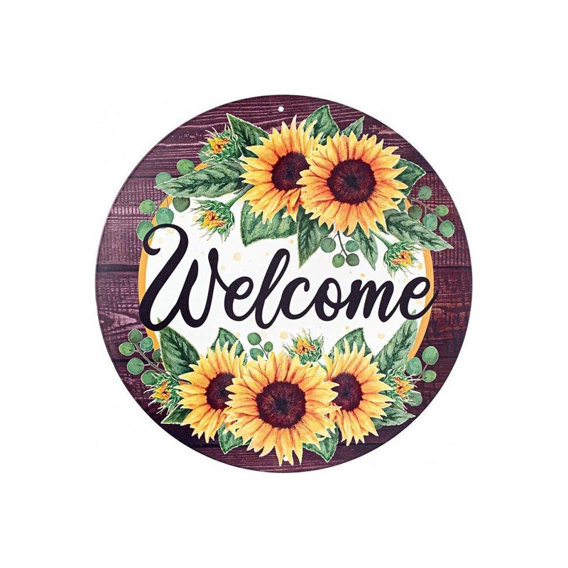 12″ Metal Sign: Sunflower Welcome Wood