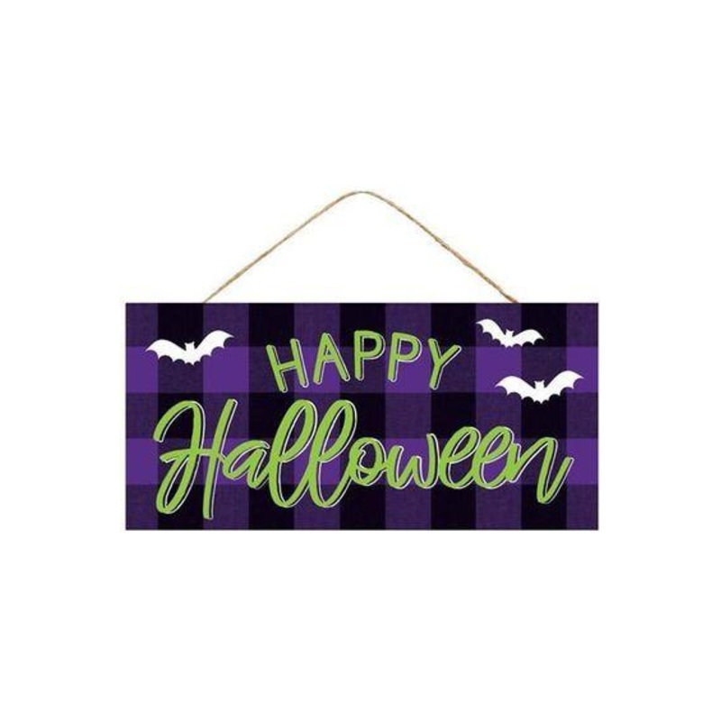 12″ Wooden Sign: Happy Halloween Check (Purple)