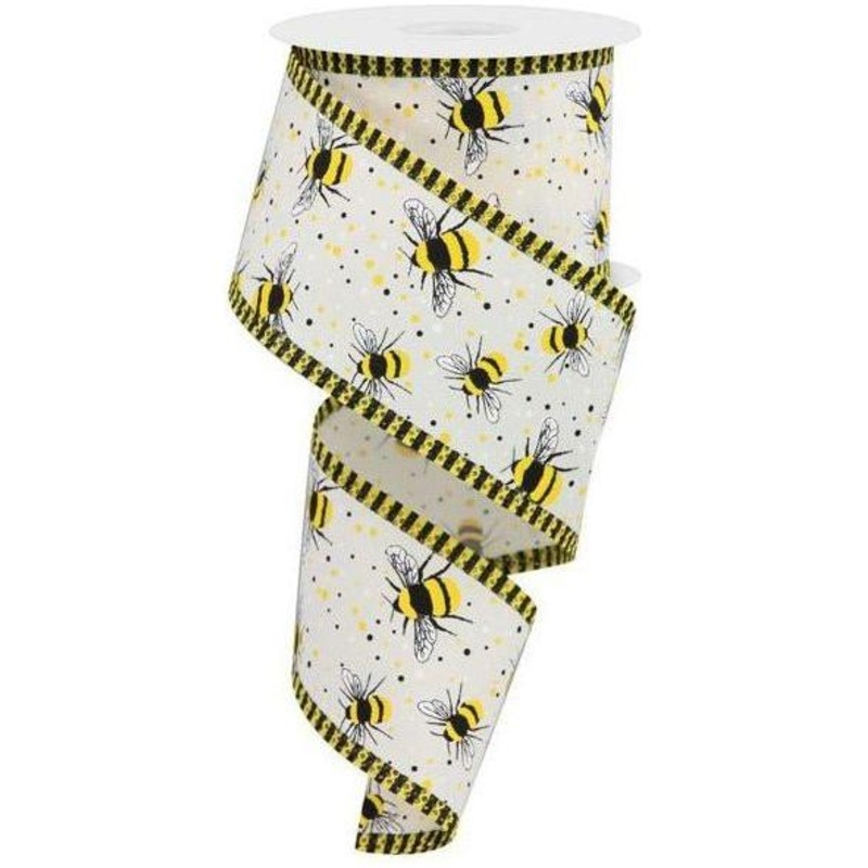 2.5″ Bumble Bee Stripe Edge Ribbon: Ivory (10 Yards)