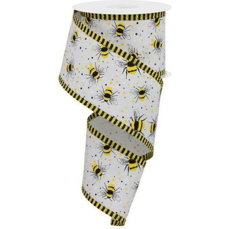 2.5″ Bumble Bee Stripe Edge Ribbon: White (10 Yards)