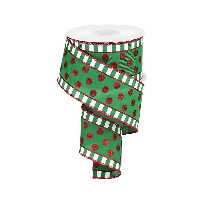 2.5″ Dots & Stripes Glitter Ribbon: Emerald Green, White & Red (10 Yards)