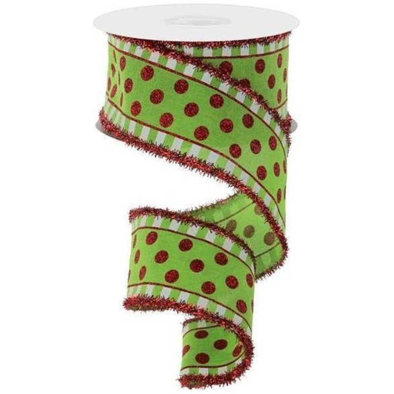 2.5″ Dots & Stripes Glitter Tinsel Edge Ribbon: Lime Green, White & Red (10 Yards)