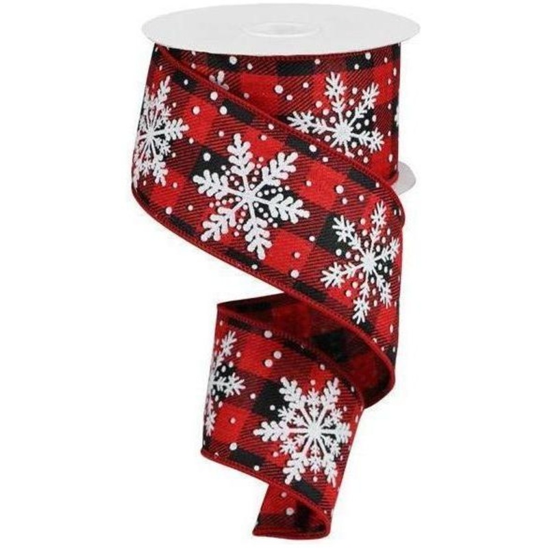 2.5″ Glittered Snowflakes Ribbon: Buffalo Plaid (10 Yards)