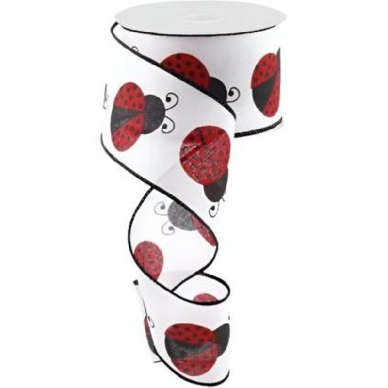 2.5″ Ladybug on Royal Ribbon: White (10 Yards)