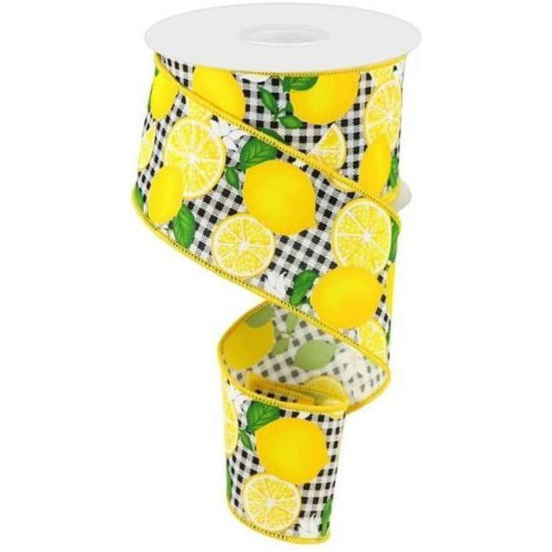 2.5″ Lemon with Leaves Check Ribbon: Black & White (10 Yards)