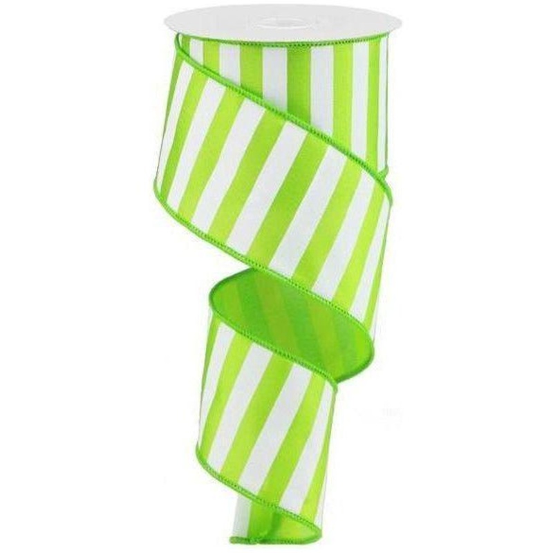 2.5″ Medium Horizontal Stripe Ribbon: Lime Green & White (10 Yards)
