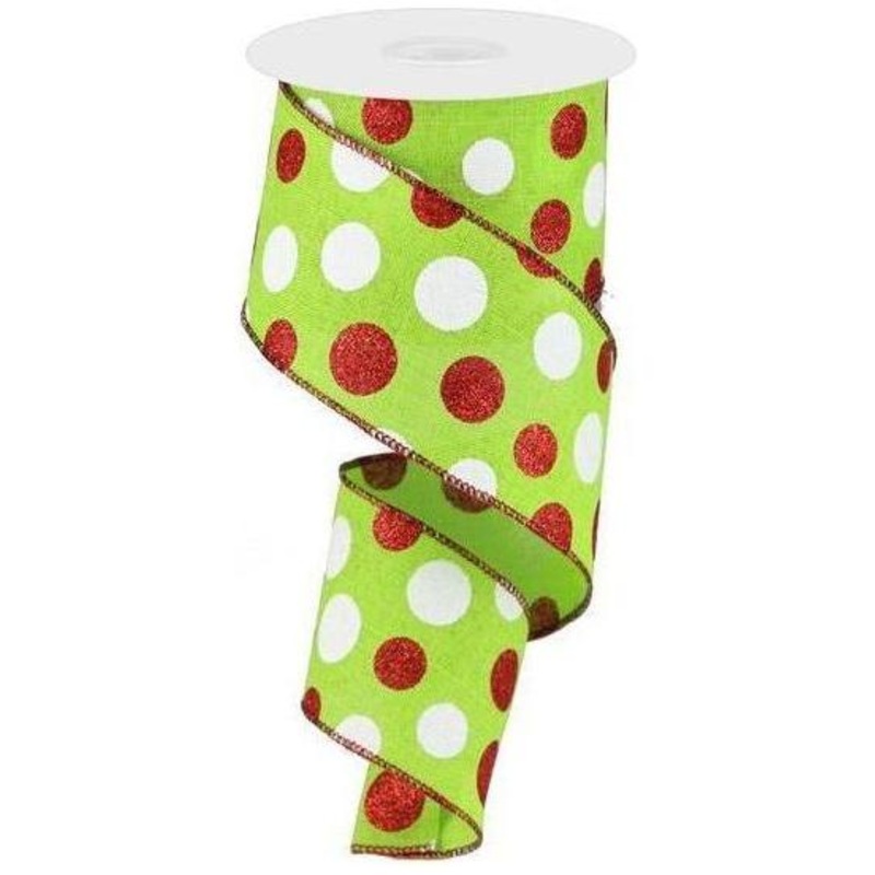 2.5″ Multi Glitter Dots Ribbon: Lime Green, Red, White (10 Yards)