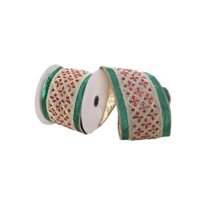 4 inch Jeweled Ribbon: Green/Red (5 Yards)
