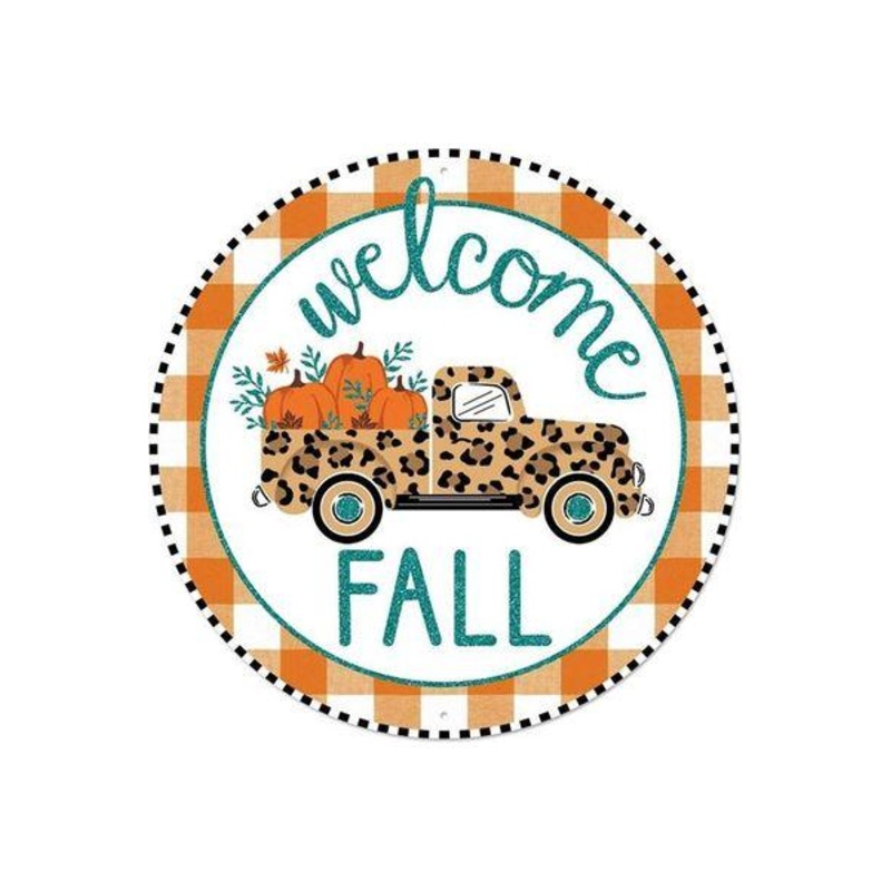 8″ Metal Sign: Welcome Fall Leopard Truck