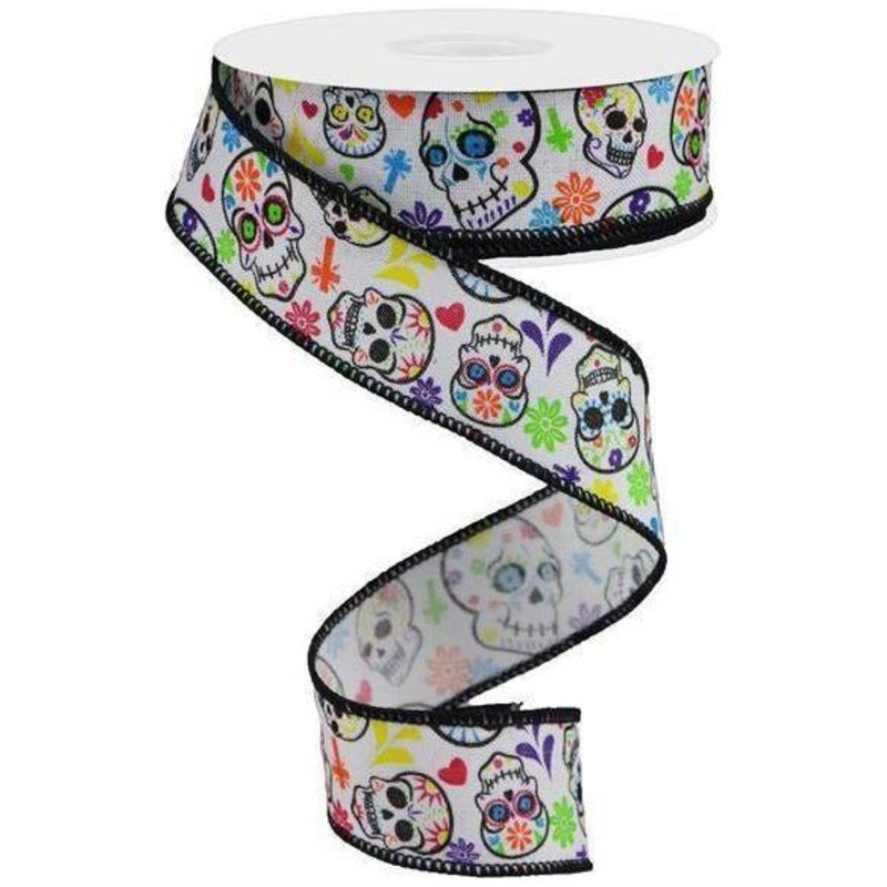 1.5″ Day of the Dead Ribbon: White (10 Yards)