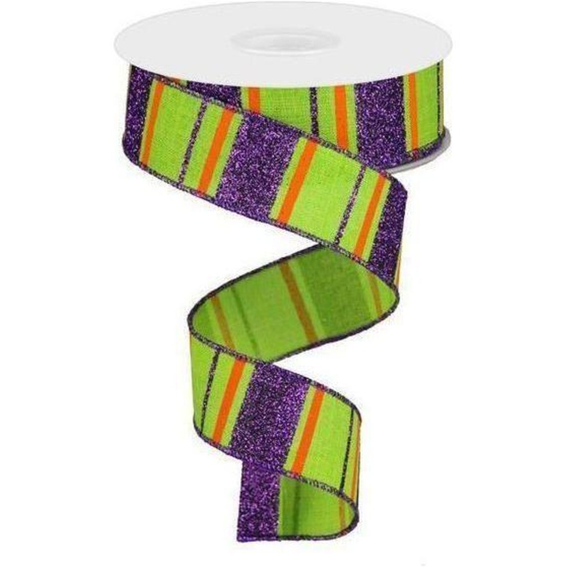 1.5″ Glitter Stripes on Royal Ribbon: Lime Green, Purple & Orange (10 Yards)