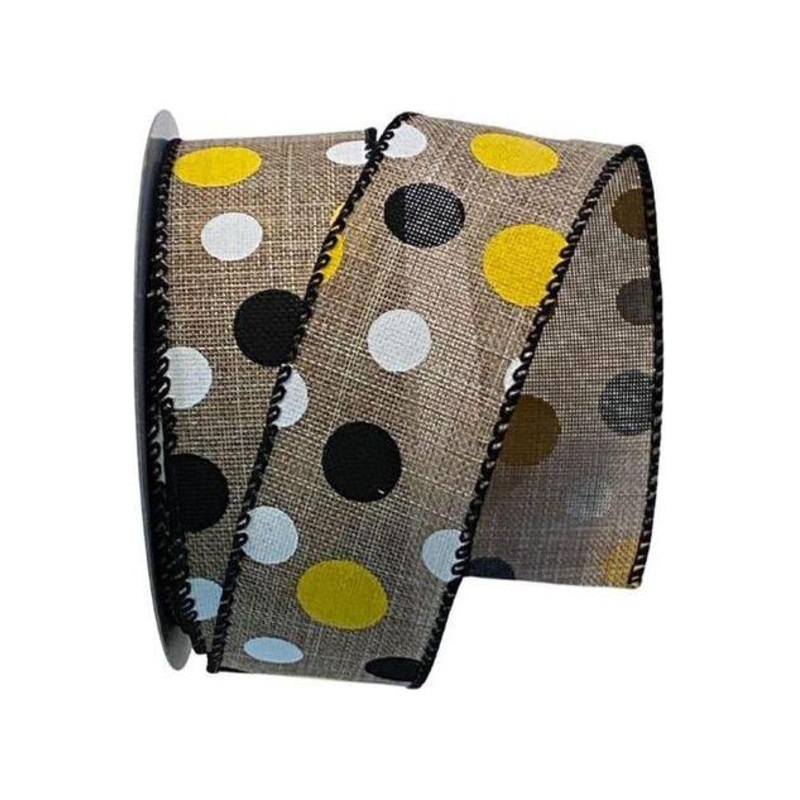 1.5″ Natural Canvas Ribbon: Black, Yellow, White Dots (10 Yards)