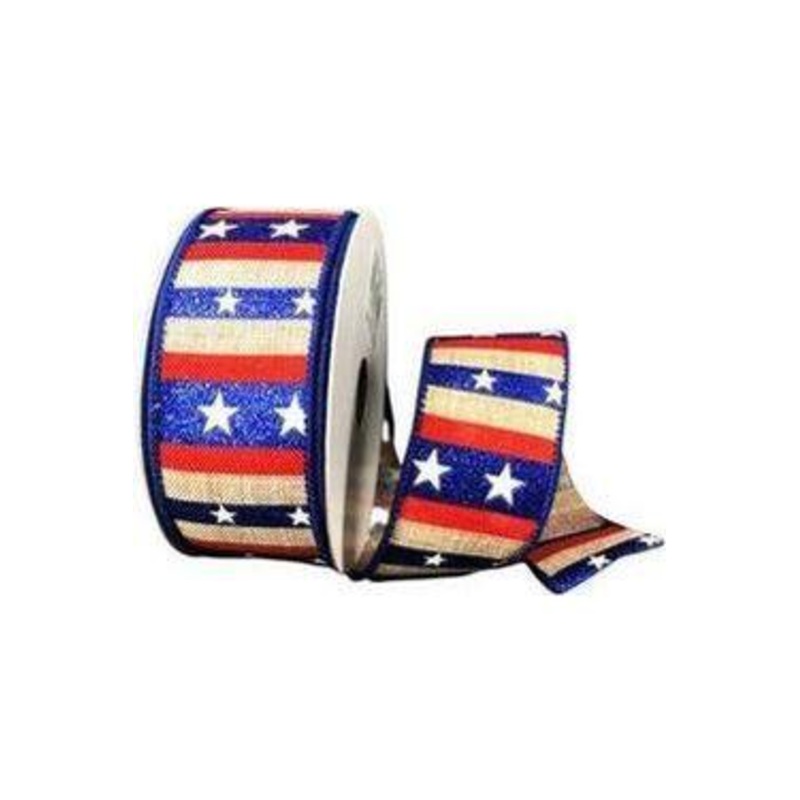 1.5″ Navy Glitter Stripes With Stars Ribbon: Natural (10 Yards)