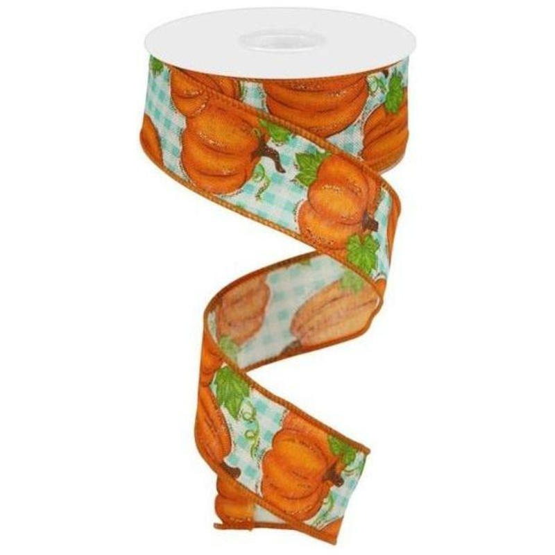 1.5″ Pumpkin Patch Ribbon: Turquoise Check (10 Yards)