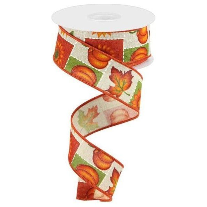 1.5″ Pumpkin Sunflower and Maple Leaf Ribbon: Lt Natural (10 Yards)