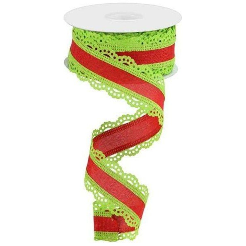1.5″ Scalloped Edge Ribbon: Red/Lime Green (10 Yards)