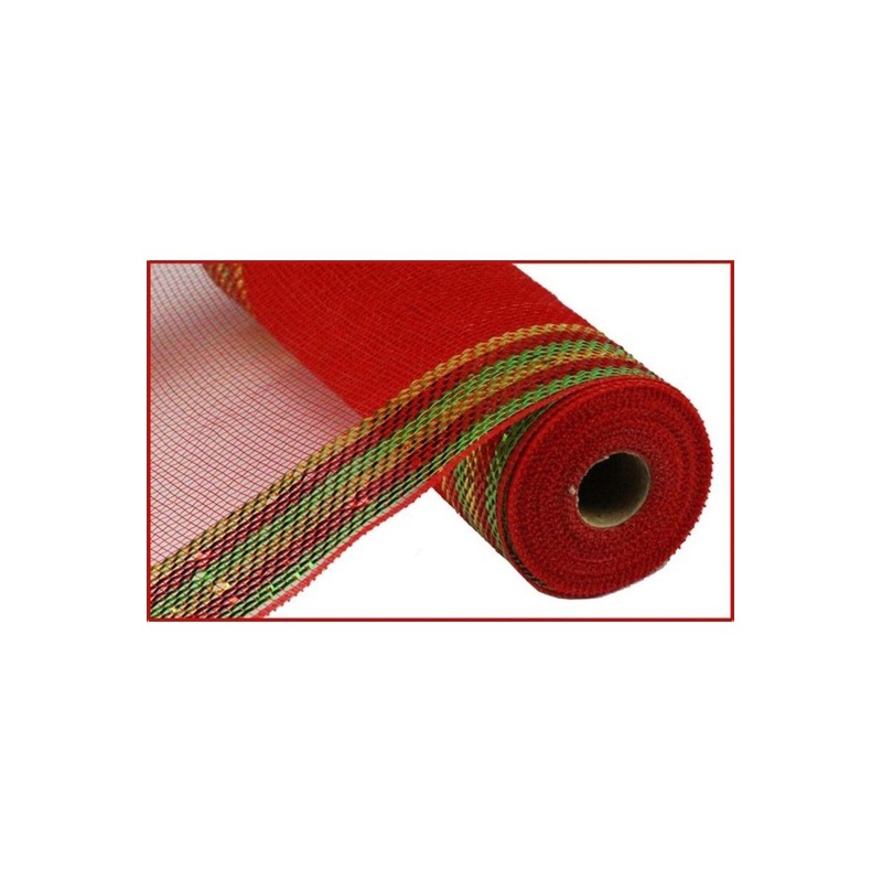 10.5″ Border Stripe Metallic Mesh Ribbon: Red/Lime/Gold (10 Yards)
