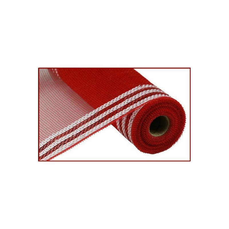 10.5″ Border Stripe Metallic Mesh Ribbon: Red/White (10 Yards)