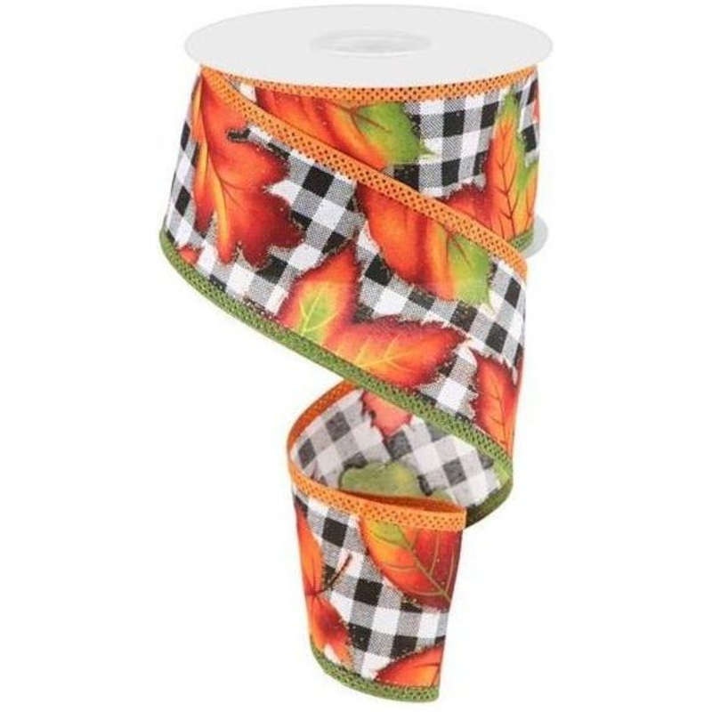 2.5″ Autumn Leaves on Check Ribbon: White (10 Yards)