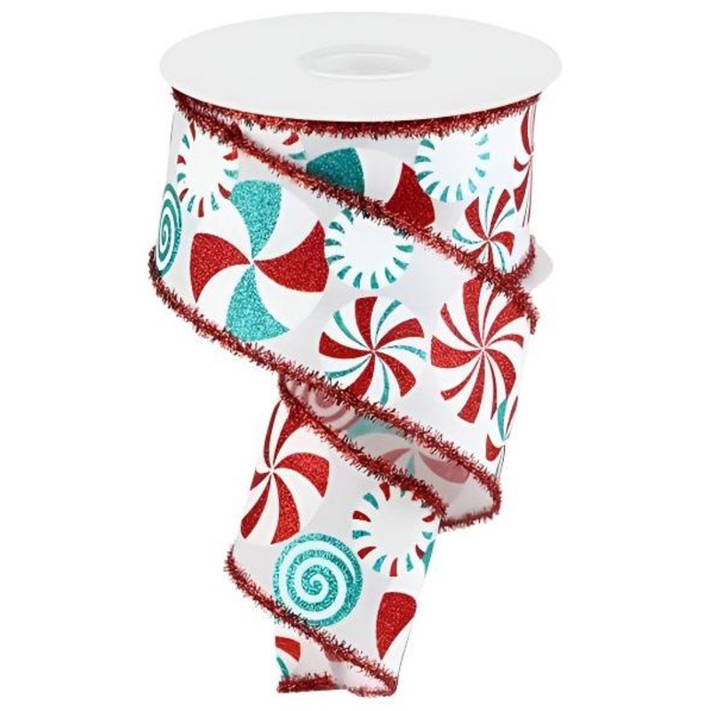 2.5″ Bold Peppermint Tinsel Ribbon: White (10 Yards)