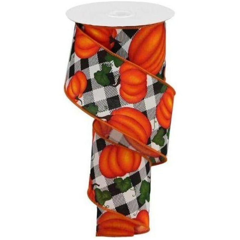 2.5″ Leaves Pumpkin on Check Ribbon: Cream (10 Yards)