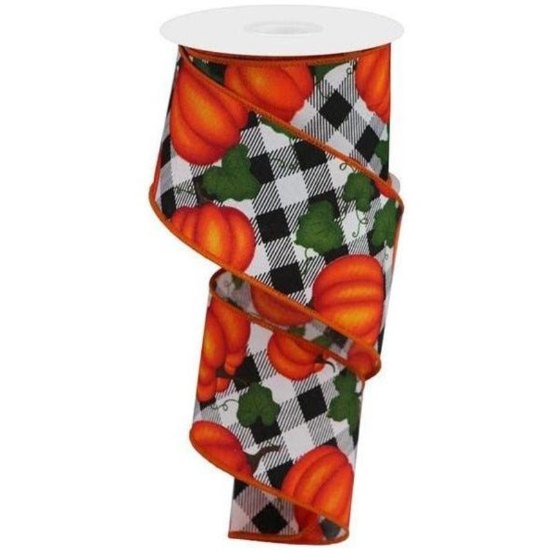 2.5″ Leaves Pumpkin on Check Ribbon: White (10 Yards)