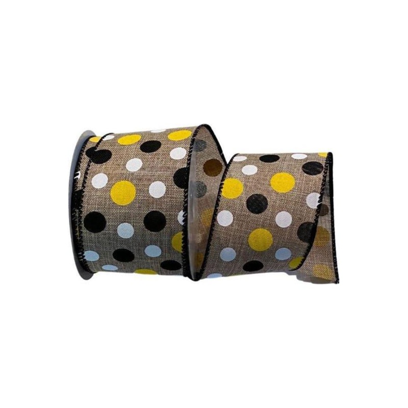 2.5″ Natural Canvas Ribbon: Black, Yellow, White Dots (10 Yards)
