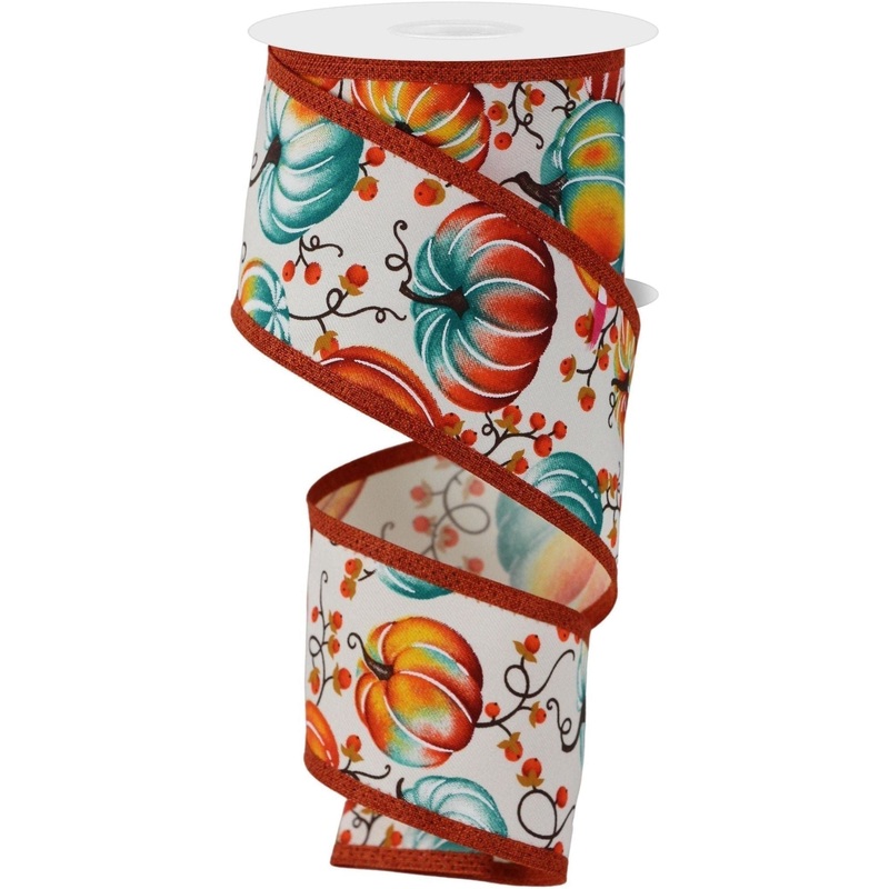2.5″ Pumpkins Bittersweet Ribbon: Ivory/Teal (10 Yards)