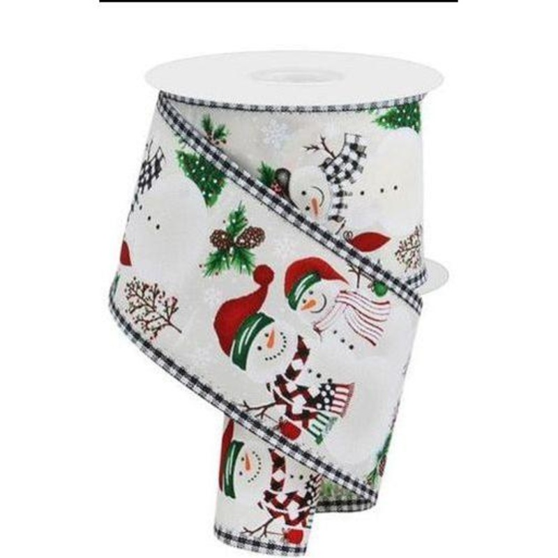 2.5″ Snowman Ornaments Gingham Ribbon: Ivory (10 Yards)