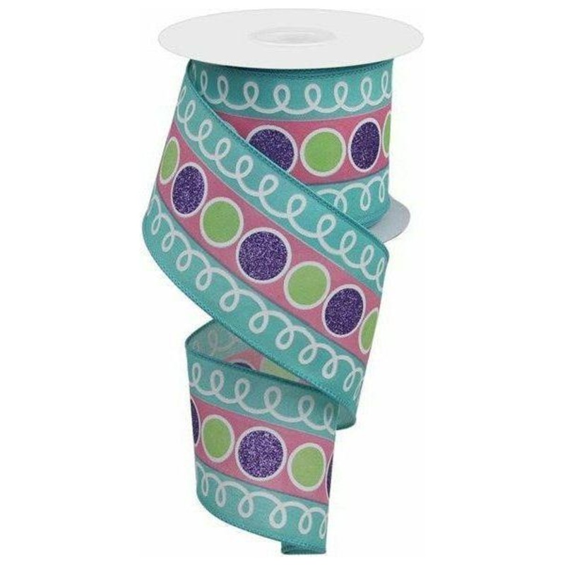 2.5″ Striped Glitter Circle Loops Ribbon: Teal (10 Yards)