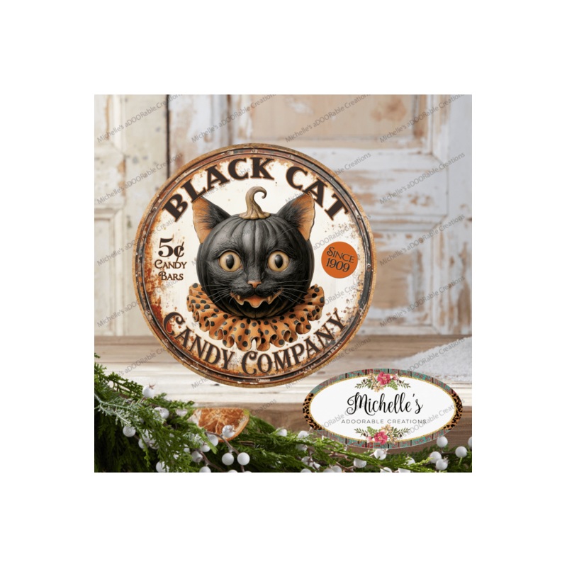 Halloween Vintage Black Cat Candy Company Round Sign