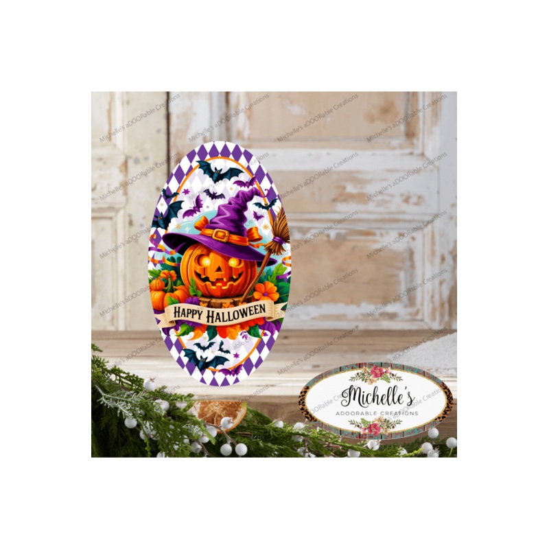 Purple Happy Halloween Pumpkin Oval Sign