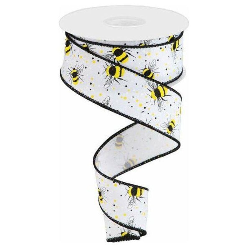 1.5″ Bumble Bee On Diagonal Weave Ribbon: White (10 Yards)