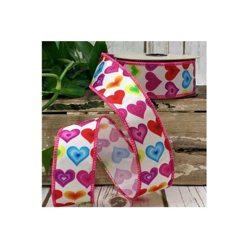 1.5″ Colorful Hearts Ribbon: White (10 Yards)