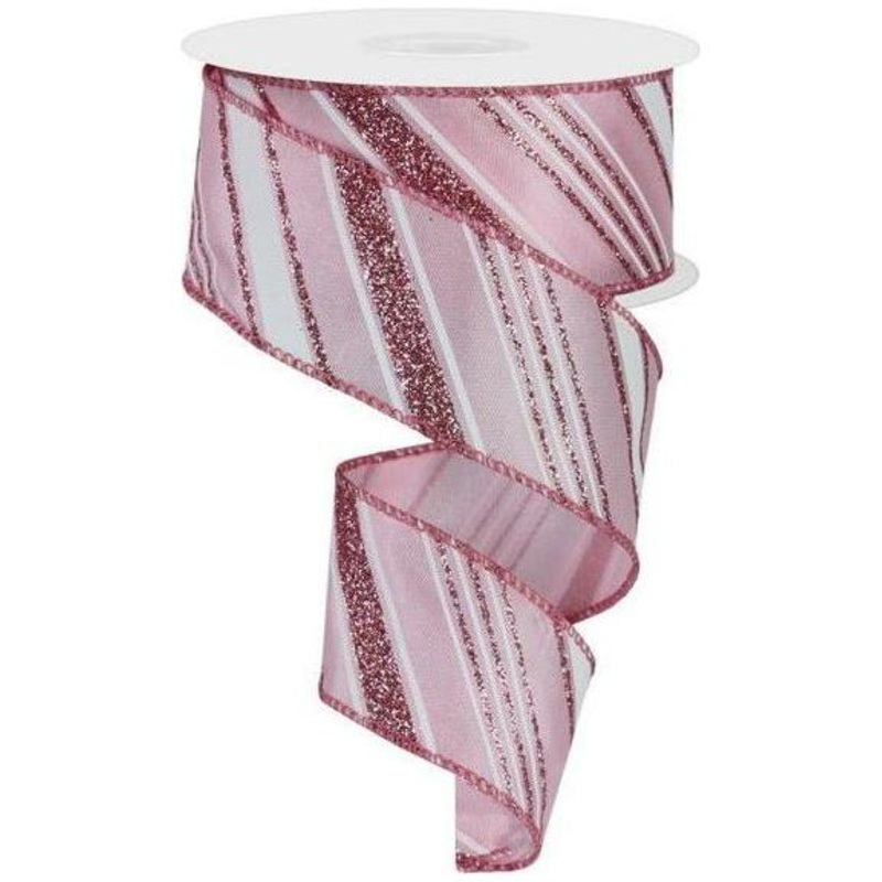 1.5″ Diagonal Line Glitter Ribbon: Pink (10 Yards)