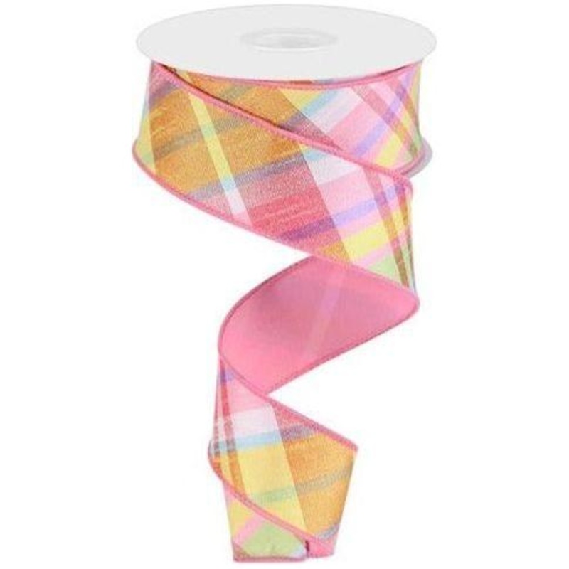 1.5″ Diagonal Plaid Fused Ribbon: Light Pink/Yellow (10 Yards)
