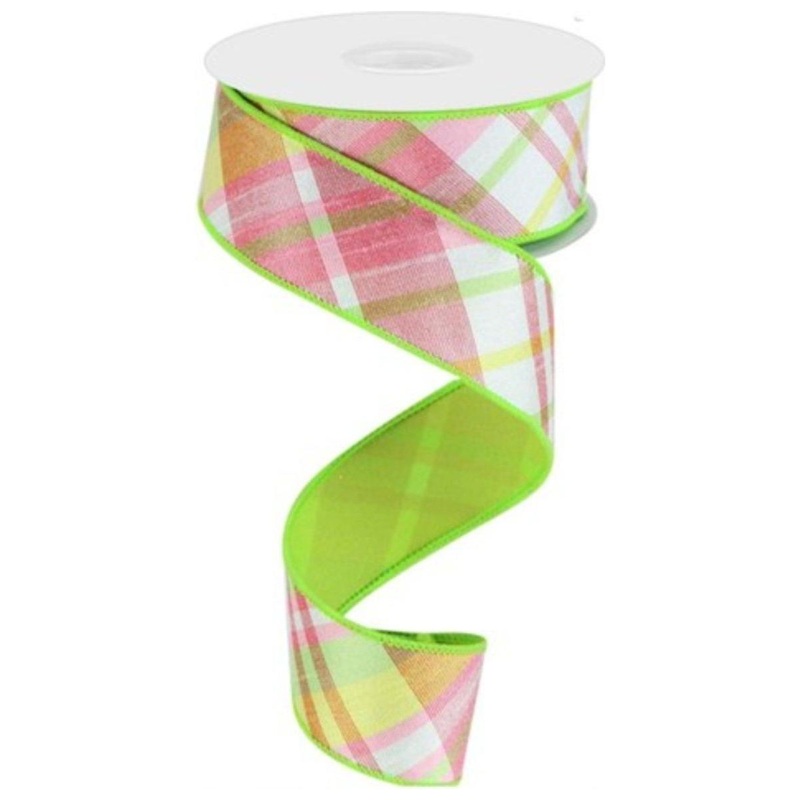 1.5″ Diagonal Plaid Fused Ribbon: Spring Green (10 Yards)