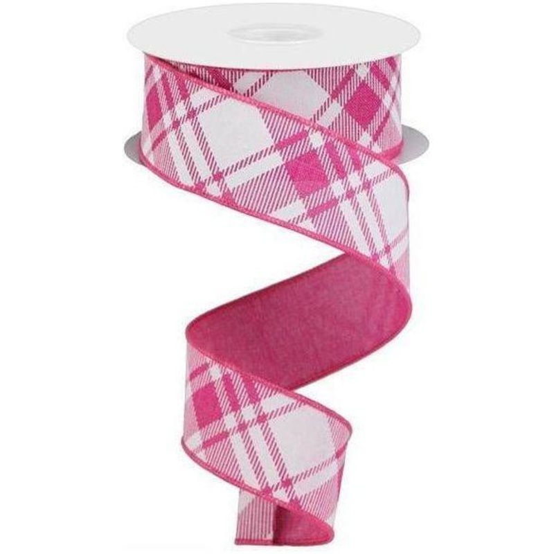 1.5″ Diagonal Stripe and Check Ribbon: Fuchsia (10 Yards)