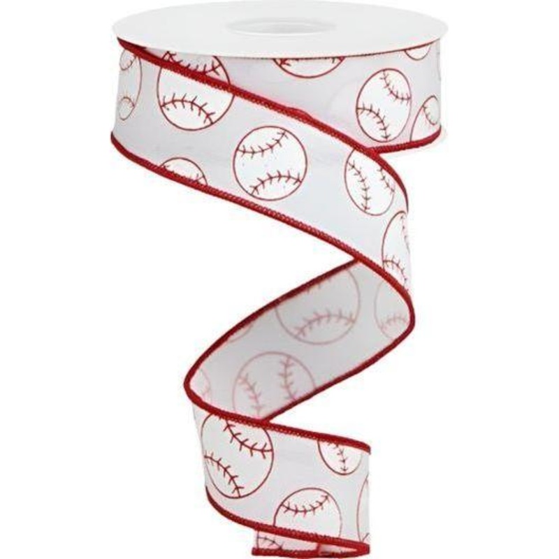 1.5″ Glitter Baseball on Royal Ribbon: White (10 Yards)