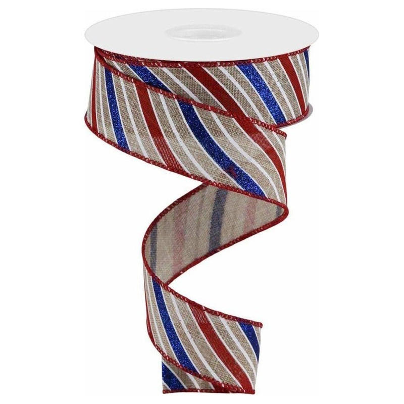 1.5″ Glitter Multi Diagonal Stripe Ribbon: Natural (10 Yards)