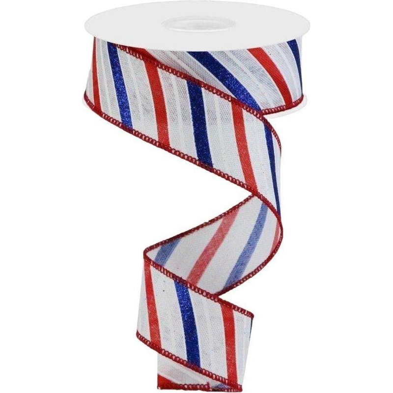 1.5″ Glitter Multi Diagonal Stripe Ribbon: White (10 Yards)