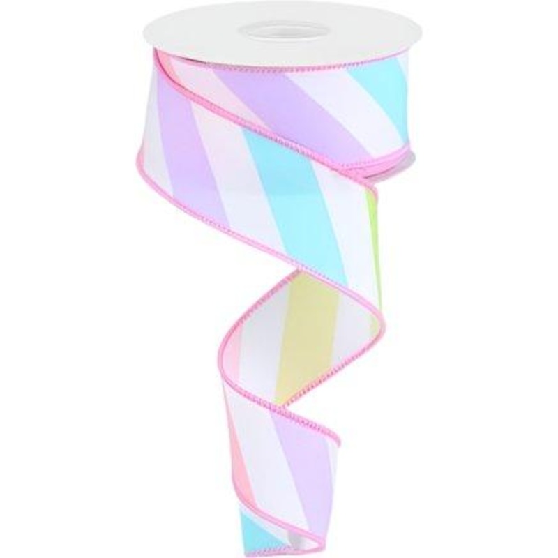 1.5″ Large Multi Diagonal Stripe Ribbon: White (10 Yards)