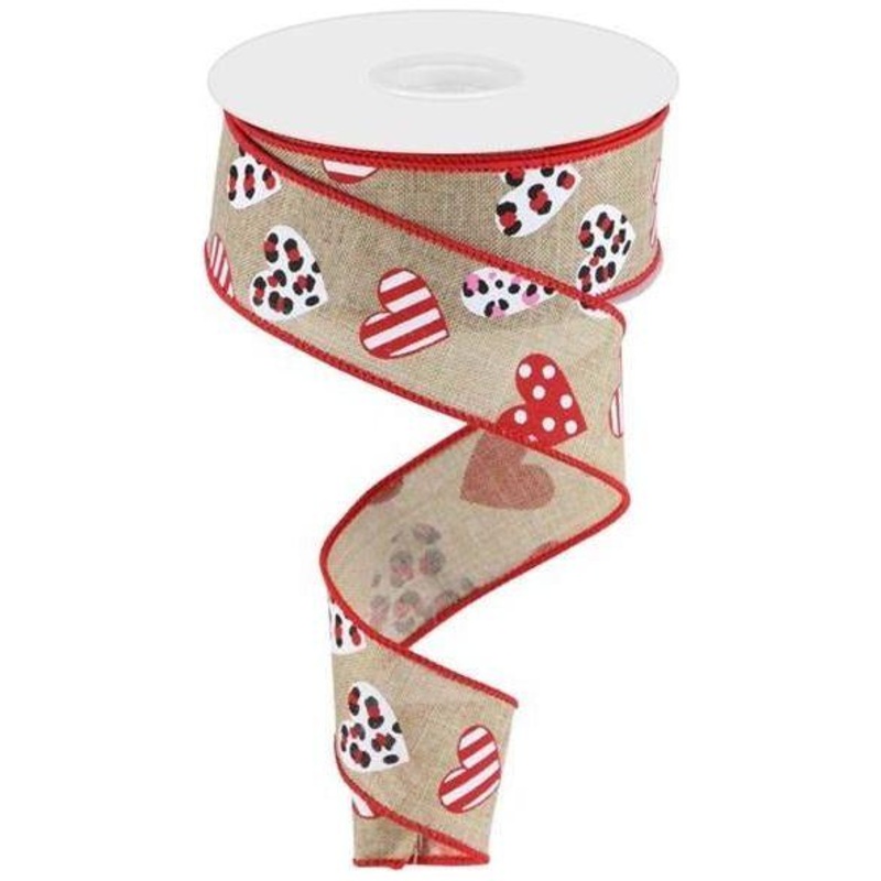 1.5″ Leopard Hearts Ribbon: Light Beige (10 Yard)