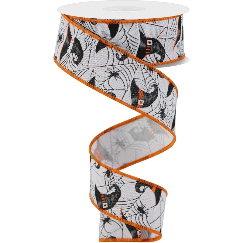 1.5″ Witch Hats and Spider Ribbon: White (10 Yards)