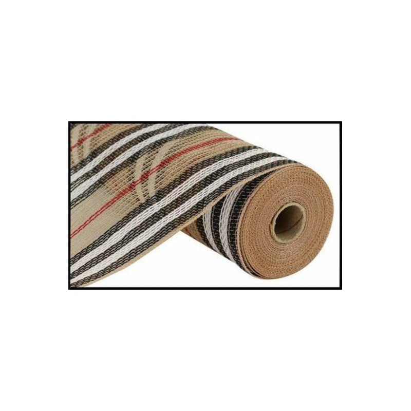 10.25″ Jute Stripe Mesh Ribbon: Natural/Black/White (10 Yards)