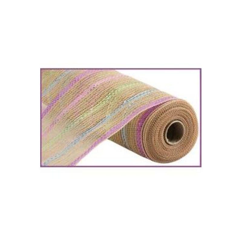 10.5″ Poly Jute Matte Stripe Mesh Ribbon: Natural Pastel Stripes (10 Yards)