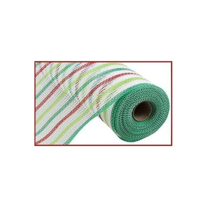 10″ Faux Jute Stripe Mesh Ribbon: White, Red, Green (10 Yards)