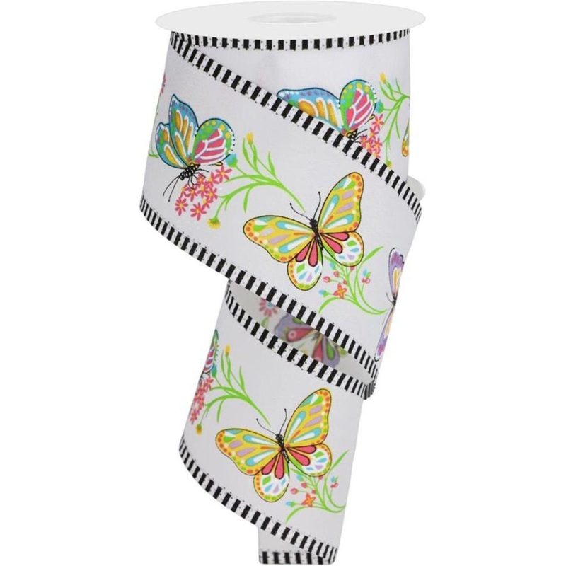 2.5″ Butterfly Branch Stripe Ribbon: White (10 Yards)