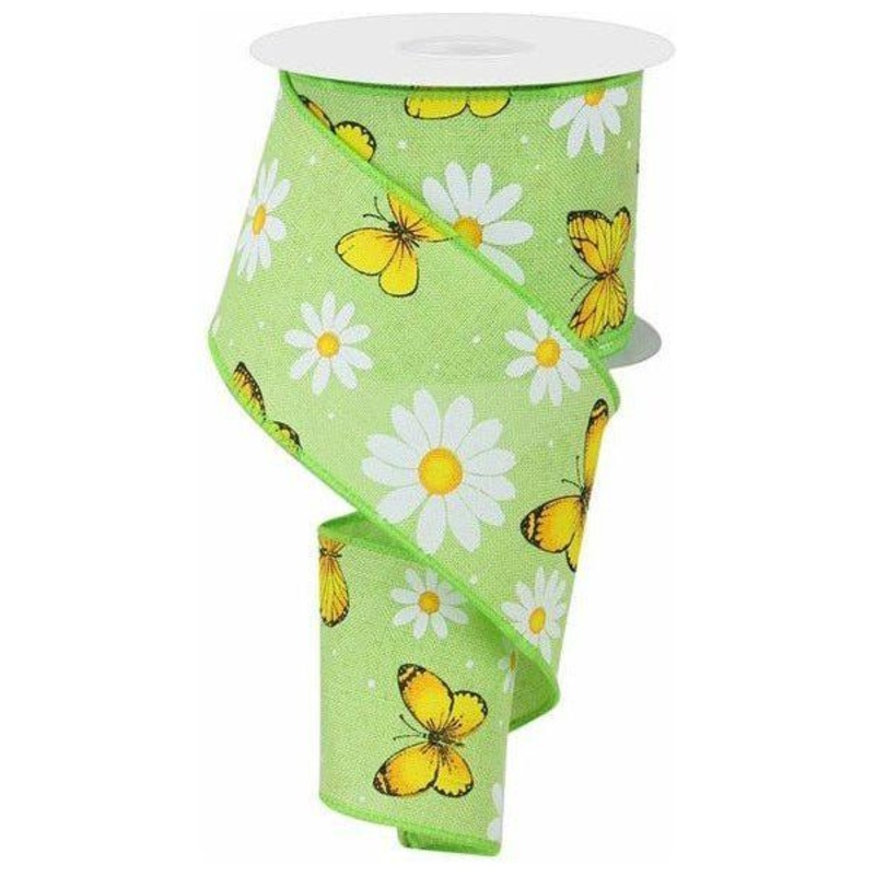 2.5″ Butterfly Daisy on Royal Ribbon: Bright Green (10 Yards)
